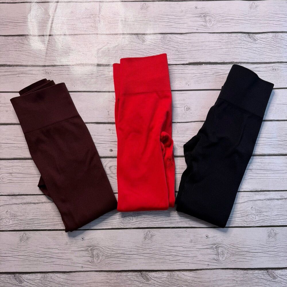 SUUKSESS Women Seamless Ribbed Workout Leggings Bundle Brown/Red/Black